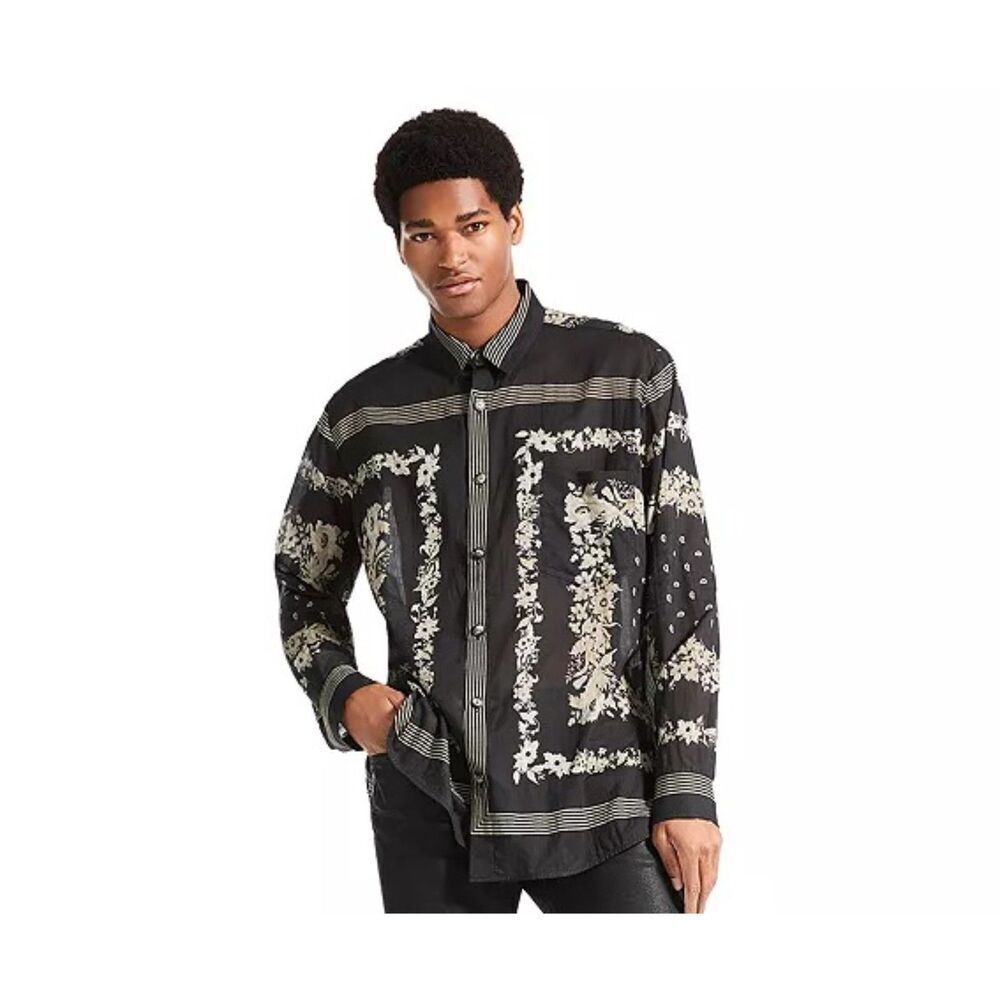 NANUSHKA Mens Shirt Large Black Button Up Lightweight Pocket JARI BANDANA $495
